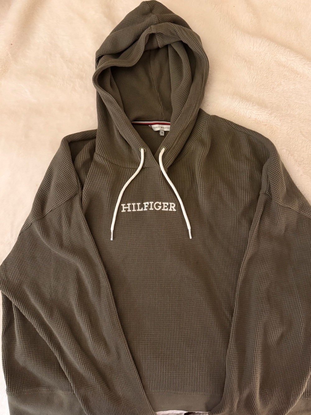 Tommy Hilfiger Olive Waffle-Knit Hoodie with White Drawstrings - Picture 3 of 3